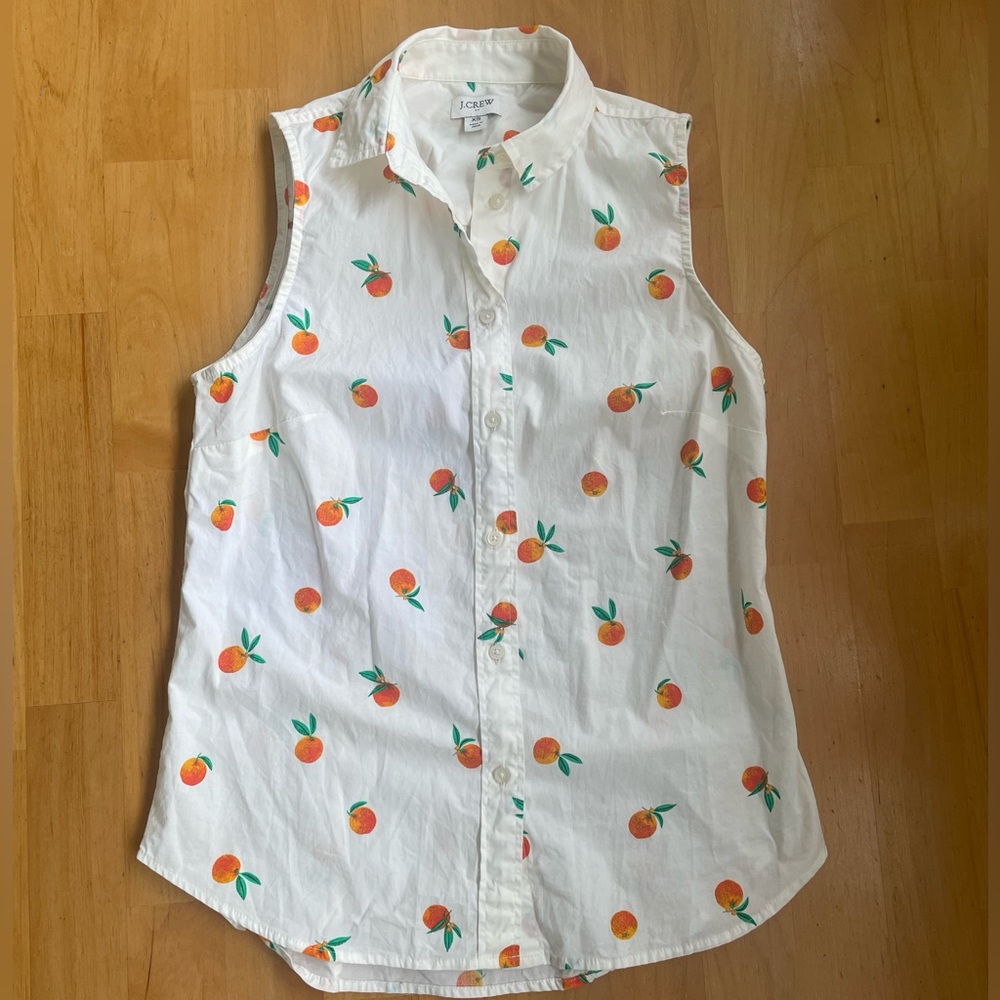 J. Crew Re-Imagined Orange Tangerine Fruit Poplin Button Up Sleeveless Shirt